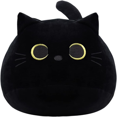 Brinquedo de pelúcia de gato preto: almofada animal macia e recheada, decoração de sofá para bebê, design em forma de gato