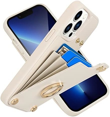 Titulares de cartão com iPhone 13 Pro Max, porta-anel giratório a 360°, porta-cartolas de couro, tampa à prova de choques RFID,