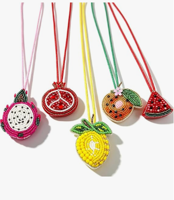5PCS Pingente de Bolsa com Miçangas Frutadas para Bolsas de Verão | Pingente de Bolsa Pequena, Pitaya Romã Melancia Laranja Limão, Miçangas e Strass, Costurado à Mão