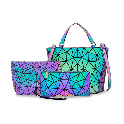 Bolsas tote de couro PU com anel de geometria da moda que mudam de cor a laser