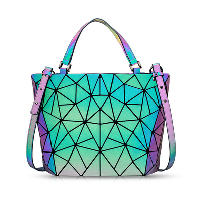 Bolsas tote de couro PU com anel de geometria da moda que mudam de cor a laser