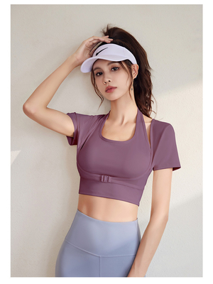 NOVO TEMPOR DE PIRECIQUE DE SECAÇÃO Rápida TOP Ioga Manga curta Manga curta MANGUELA COM PADOR DE PETRA TIRO T-Shirt de exercício físico