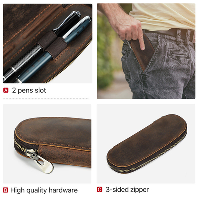 TRANS-BORDER RETRO CRAZY PEN BAG de couro de cavalo feito à mão 2 CASOS de caneta portátil com fecho oval