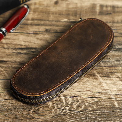 TRANS-BORDER RETRO CRAZY PEN BAG de couro de cavalo feito à mão 2 CASOS de caneta portátil com fecho oval