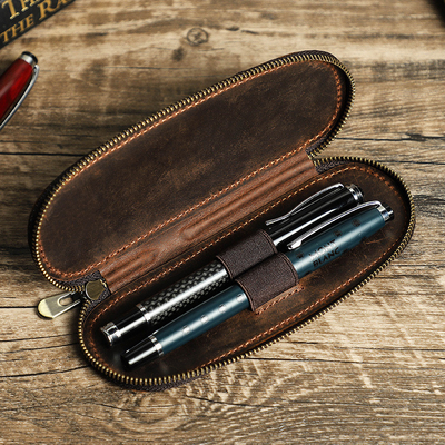 TRANS-BORDER RETRO CRAZY PEN BAG de couro de cavalo feito à mão 2 CASOS de caneta portátil com fecho oval