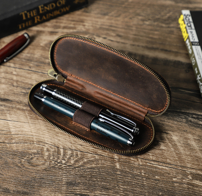 TRANS-BORDER RETRO CRAZY PEN BAG de couro de cavalo feito à mão 2 CASOS de caneta portátil com fecho oval
