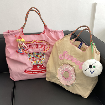 Saco de compras reutilizável bordado Saco de compras de nylon Saco de mão, ombros e ombros