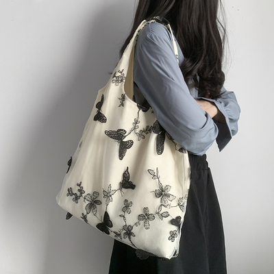 Embroidery Black Butterfly Canvas Bag Lace Fairy Leisure Travel Female Bag Art Grande capacidade Centenário