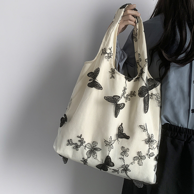 Embroidery Black Butterfly Canvas Bag Lace Fairy Leisure Travel Female Bag Art Grande capacidade Centenário