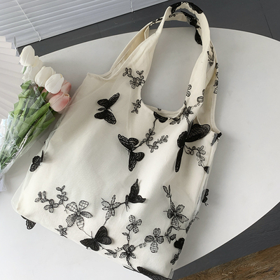 Embroidery Black Butterfly Canvas Bag Lace Fairy Leisure Travel Female Bag Art Grande capacidade Centenário