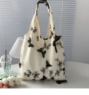 Embroidery Black Butterfly Canvas Bag Lace Fairy Leisure Travel Female Bag Art Grande capacidade Centenário