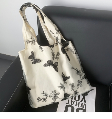 Embroidery Black Butterfly Canvas Bag Lace Fairy Leisure Travel Female Bag Art Grande capacidade Centenário