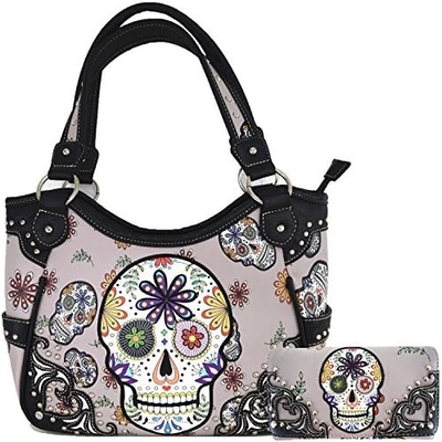 Punk GOTHIC ROCK METALLIC SCALLE Dia dos Mortos FLOWER SUGAR SCALLE couro bolsa de mão de mulher bolsa de ombro bolsa de carteira