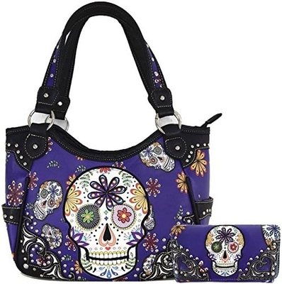 Punk GOTHIC ROCK METALLIC SCALLE Dia dos Mortos FLOWER SUGAR SCALLE couro bolsa de mão de mulher bolsa de ombro bolsa de carteira