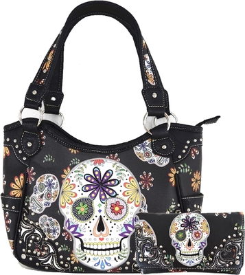 Punk GOTHIC ROCK METALLIC SCALLE Dia dos Mortos FLOWER SUGAR SCALLE couro bolsa de mão de mulher bolsa de ombro bolsa de carteira