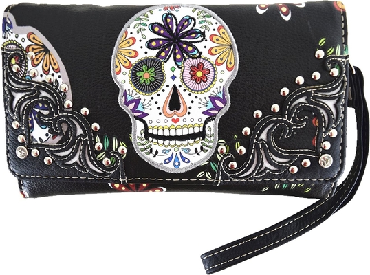 Punk GOTHIC ROCK METALLIC SCALLE Dia dos Mortos FLOWER SUGAR SCALLE couro bolsa de mão de mulher bolsa de ombro bolsa de carteira
