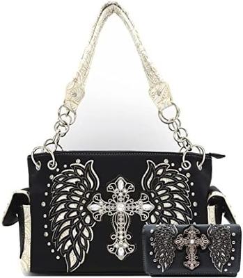 ESTILHO ocidental RINESTONE CROSS STUDED LASER CUT WINGS TOOLLED LEATHER PURSE MUJERES BOLSA DE MANOS BOLSA DE PAÍS BOLSA DE OLHO carteira S