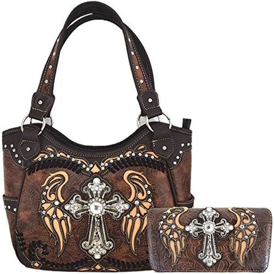 ESTILHO ocidental RINESTONE CROSS STUDED LASER CUT WINGS TOOLLED LEATHER PURSE MUJERES BOLSA DE MANOS BOLSA DE PAÍS BOLSA DE OLHO carteira S