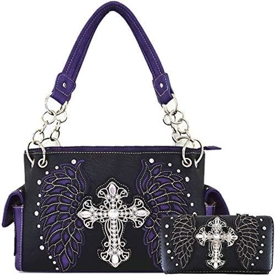 ESTILHO ocidental RINESTONE CROSS STUDED LASER CUT WINGS TOOLLED LEATHER PURSE MUJERES BOLSA DE MANOS BOLSA DE PAÍS BOLSA DE OLHO carteira S