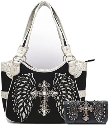 ESTILHO ocidental RINESTONE CROSS STUDED LASER CUT WINGS TOOLLED LEATHER PURSE MUJERES BOLSA DE MANOS BOLSA DE PAÍS BOLSA DE OLHO carteira S