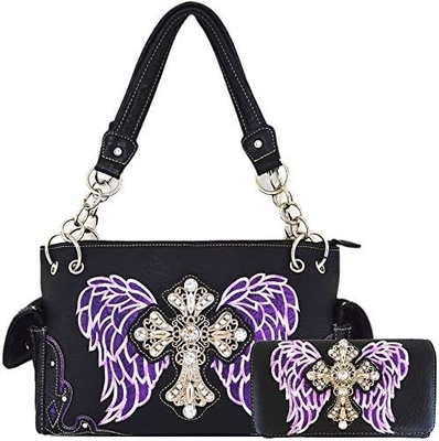 ESTILHO ocidental RINESTONE CROSS STUDED LASER CUT WINGS TOOLLED LEATHER PURSE MUJERES BOLSA DE MANOS BOLSA DE PAÍS BOLSA DE OLHO carteira S
