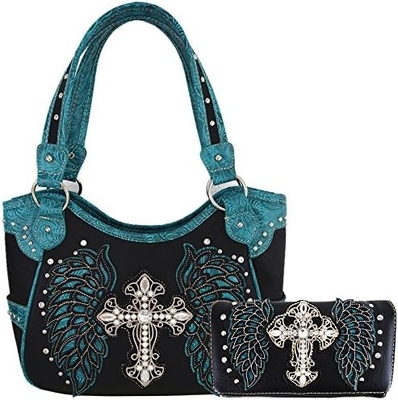 ESTILHO ocidental RINESTONE CROSS STUDED LASER CUT WINGS TOOLLED LEATHER PURSE MUJERES BOLSA DE MANOS BOLSA DE PAÍS BOLSA DE OLHO carteira S