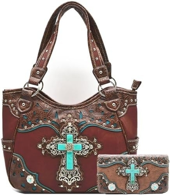 ESTILHO ocidental RINESTONE CROSS STUDED LASER CUT WINGS TOOLLED LEATHER PURSE MUJERES BOLSA DE MANOS BOLSA DE PAÍS BOLSA DE OLHO carteira S
