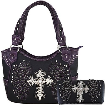 ESTILHO ocidental RINESTONE CROSS STUDED LASER CUT WINGS TOOLLED LEATHER PURSE MUJERES BOLSA DE MANOS BOLSA DE PAÍS BOLSA DE OLHO carteira S