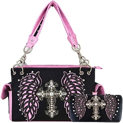 ESTILHO ocidental RINESTONE CROSS STUDED LASER CUT WINGS TOOLLED LEATHER PURSE MUJERES BOLSA DE MANOS BOLSA DE PAÍS BOLSA DE OLHO carteira S