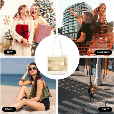Saco de praia de palha para mulheres de verão de tecido RATTAN TOTE SACO de palha bolsas de palha e bolsas de mão para férias com pingente