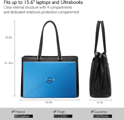Laptop TOTE BAG PARA MULHERES 15,6 polegadas impermeável de couro BAGAS DE COMPUTADOR DE OFFICIAL DE OFFICIAL BREEFCASE preto