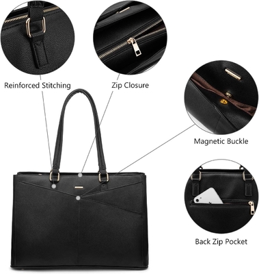 Laptop TOTE BAG PARA MULHERES 15,6 polegadas impermeável de couro BAGAS DE COMPUTADOR DE OFFICIAL DE OFFICIAL BREEFCASE preto