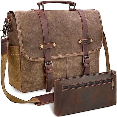 Saco de mensageiro masculino impermeável de 15 cm VINTAGE Couro genuíno tela de cera BREEFCASE SACHEL GRANDE SACHEL SACHEL
