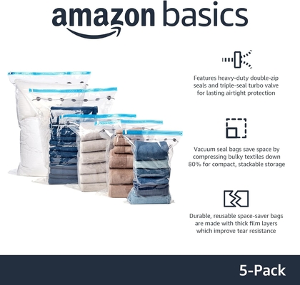 Amazon Basics Sacos de armazenamento de compressão a vácuo com fecho com bomba manual, médio, de 5 embalagens, branco, azul-céu