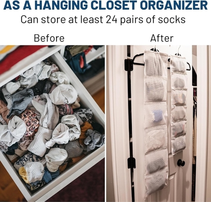 Organizador do armário pendurado com bolsos, organizadores de meias de 2 pacotes para lavagem e secagem, sacos de armazenamento podem organizar meias,