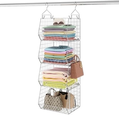 X-COSRACK 4 TIER organizador de armário dobrável, prateleiras de roupas com ganchos de 5 S, montagem na parede e armário de armazenamento de fio cestos de cestas,