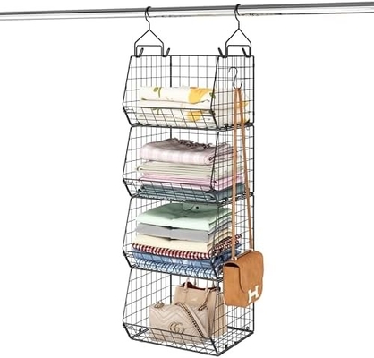 X-COSRACK 4 TIER organizador de armário dobrável, prateleiras de roupas com ganchos de 5 S, montagem na parede e armário de armazenamento de fio cestos de cestas,