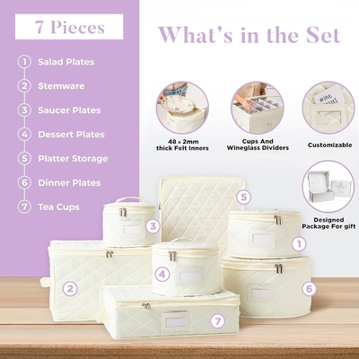 Containers de armazenamento de 7 PCs Kit de armazenamento de pratos com 48 cortar para o tamanho interior feltro.
