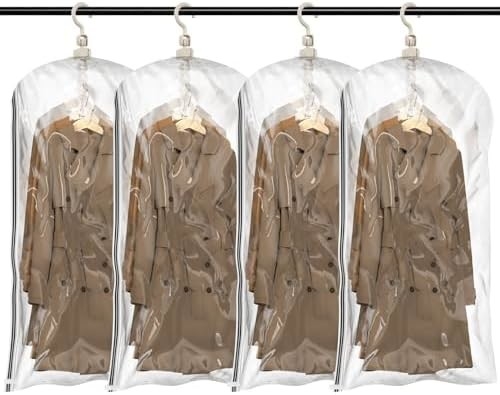 TAILI Sacos de armazenamento de vácuo pendurados Sacos de poupança de espaço, conjunto de 4 (2 longos, 2 curtos), sacos de vedação de vácuo transparente para roupas