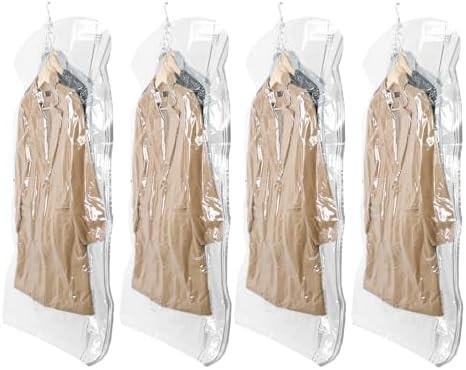 TAILI Sacos de armazenamento de vácuo pendurados Sacos de poupança de espaço, conjunto de 4 (2 longos, 2 curtos), sacos de vedação de vácuo transparente para roupas