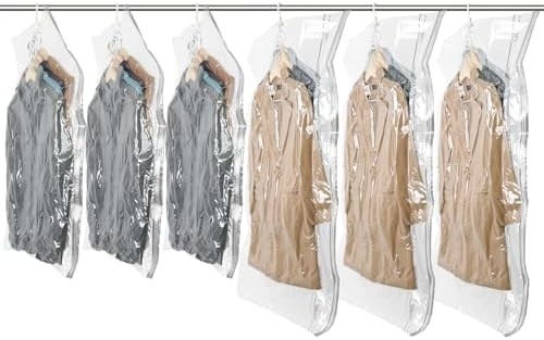 TAILI Sacos de armazenamento de vácuo pendurados Sacos de poupança de espaço, conjunto de 4 (2 longos, 2 curtos), sacos de vedação de vácuo transparente para roupas