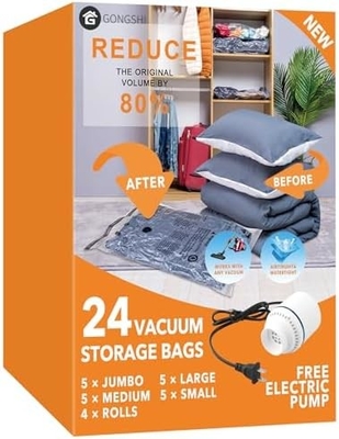 12 sacos de armazenamento a vácuo (3 X JUMBO, 3 X GRANDE, 3 X MEDIO, 3 X PEQUENO), sacos de compressão SEALER com poupança de espaço