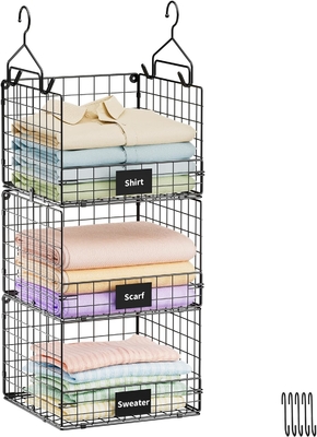 Sonyabecca 3-Tier Organizador de armário pendurado com placa de identificação, prendas penduradas Prateleiras 5 S Ganchos, montagem de parede e armário