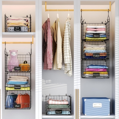 Sonyabecca 3-Tier Organizador de armário pendurado com placa de identificação, prendas penduradas Prateleiras 5 S Ganchos, montagem de parede e armário