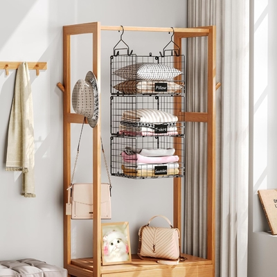 Sonyabecca 3-Tier Organizador de armário pendurado com placa de identificação, prendas penduradas Prateleiras 5 S Ganchos, montagem de parede e armário