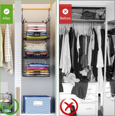Sonyabecca 3-Tier Organizador de armário pendurado com placa de identificação, prendas penduradas Prateleiras 5 S Ganchos, montagem de parede e armário