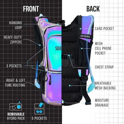Sojourner Hydration Pack, Mochila de Hidratação - Mochila de água com 2 litros de bexiga de hidratação, Festival Essential - Rave