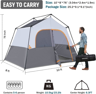 HIKERGARDEN Tenda de acampamento para 6 pessoas - Portavel, fácil de montar Tenda familiar para acampamento, Tenda de cabine de tecido à prova de vento ao ar livre