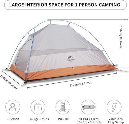 Naturehike Cloud-Up 1 Person Tent Lightweight Backpacking Tent para um homem, impermeável Ultralight Single Person Tent, Do