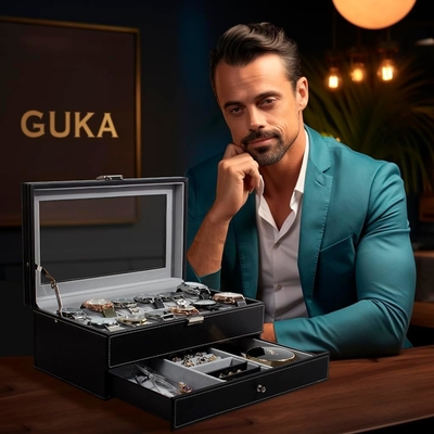 GUKA Caixinha de relógio 12 Caixinha de relógio Display Organizador de couro Caixa de jóias Caixa de vidro Aniversário para homens Mulheres, filhos Marido